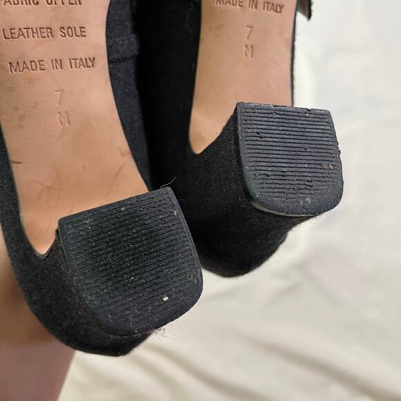 Vtg Gray Fabric Mary Jane Square Toe Block Heel Sz 7 Italian Leather Sole - Picture 2 of 7